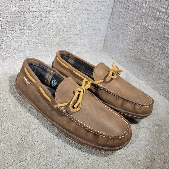 L.L. Bean Men's Size 10M Leather Slip-On Moccasin Slippers Flannel Lined 212164 - Picture 8 of 10